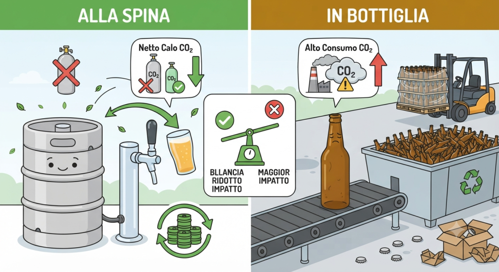 Illustrazione in stile vignetta che confronta l'impatto ecologico e la riduzione di CO2 tra birra alla spina e birra in bottiglia